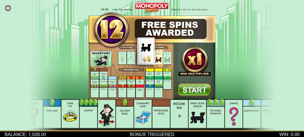 Free spins awarded in Monopoly Deluxe by Big Time Gaming