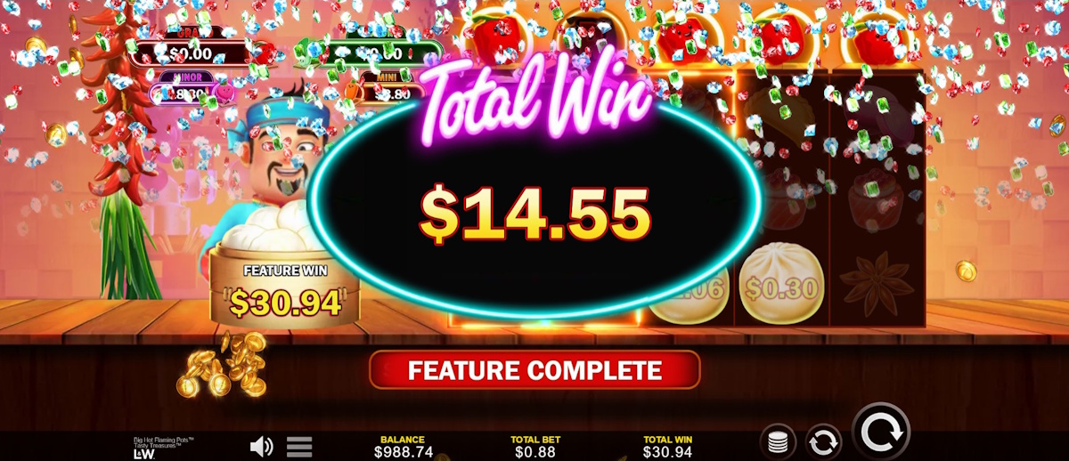 Total win in Big Hot Flaming Pots Tasty Treasures Light & Wonder